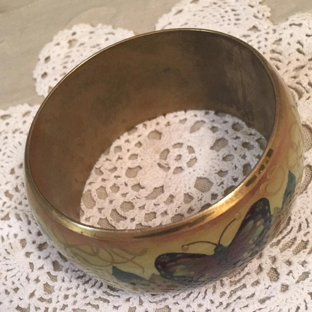 Vintage Floral And Butterfly Enameled Brass Bracelet - Picture 11 of 13